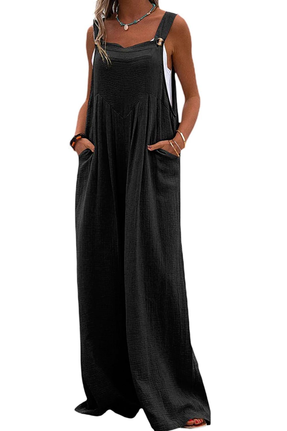 Leg Jumpsuit with Pockets- Sleeveless Wide
