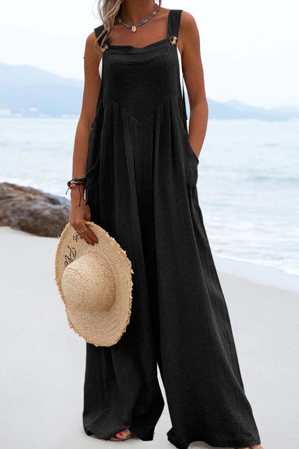 Leg Jumpsuit with Pockets- Sleeveless Wide